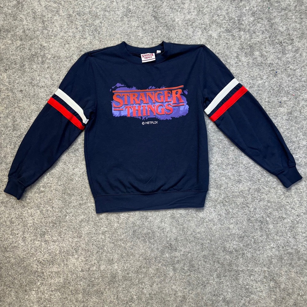 Stranger Things Sweatshirt Men's Size Medium Blue Retro Logo Sleeve Stripes